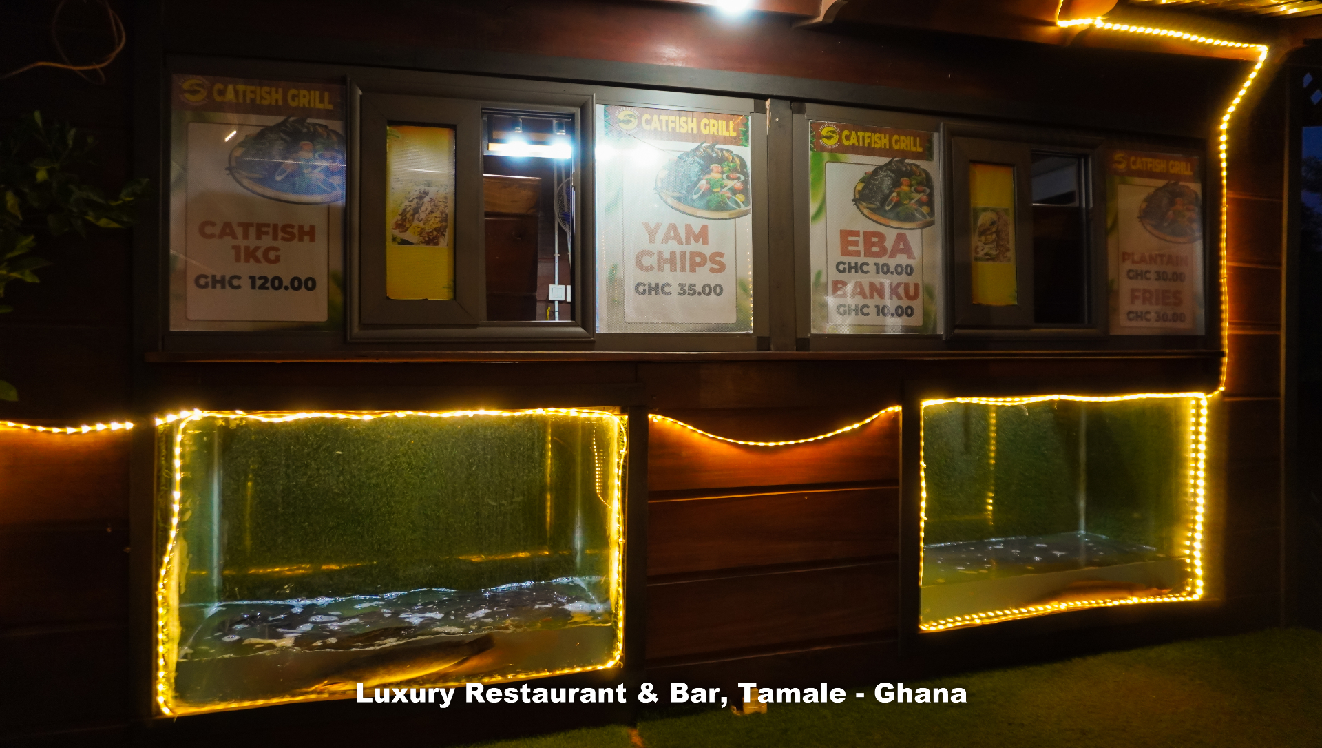 Catfish menu board & live tanks